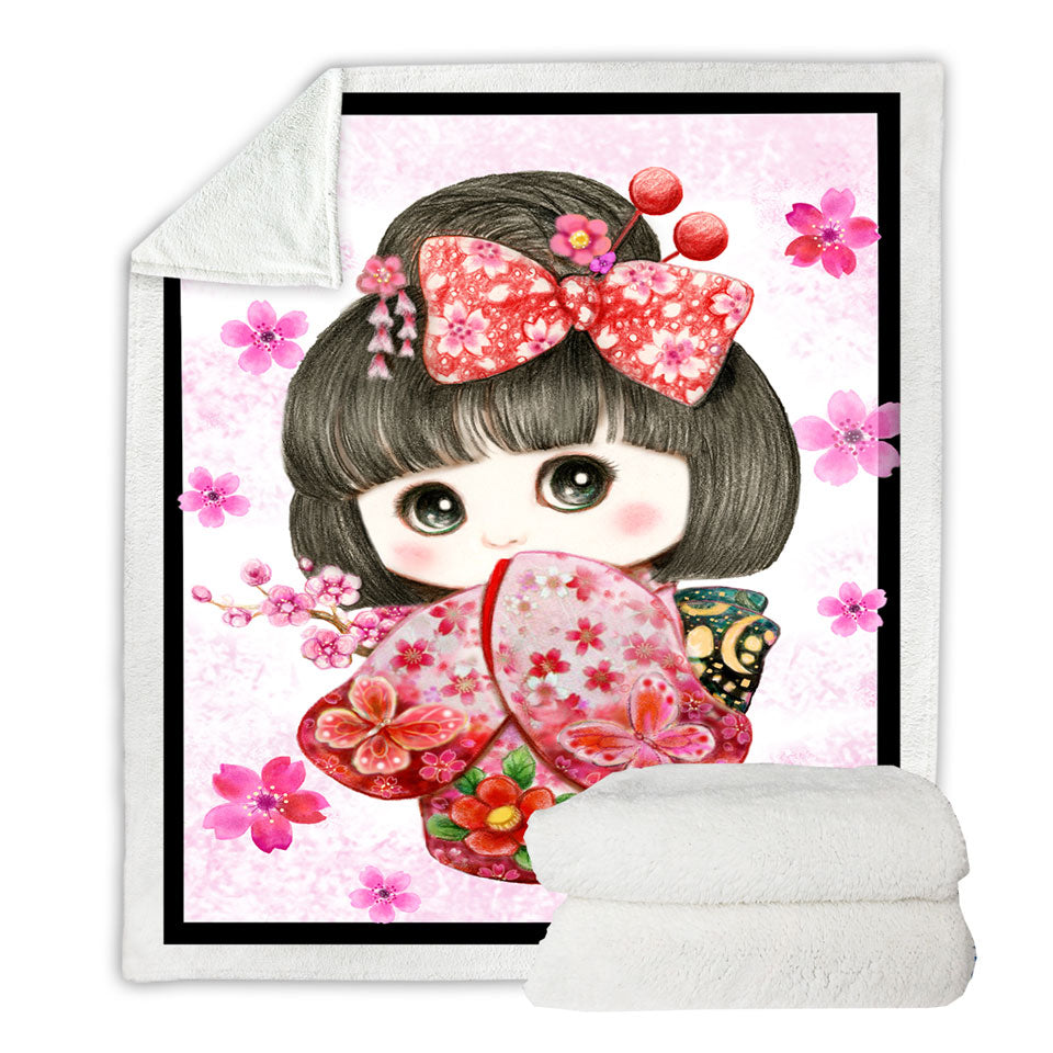 Cute Japanese Kimono Cherry Flowers Girl Couch Throws