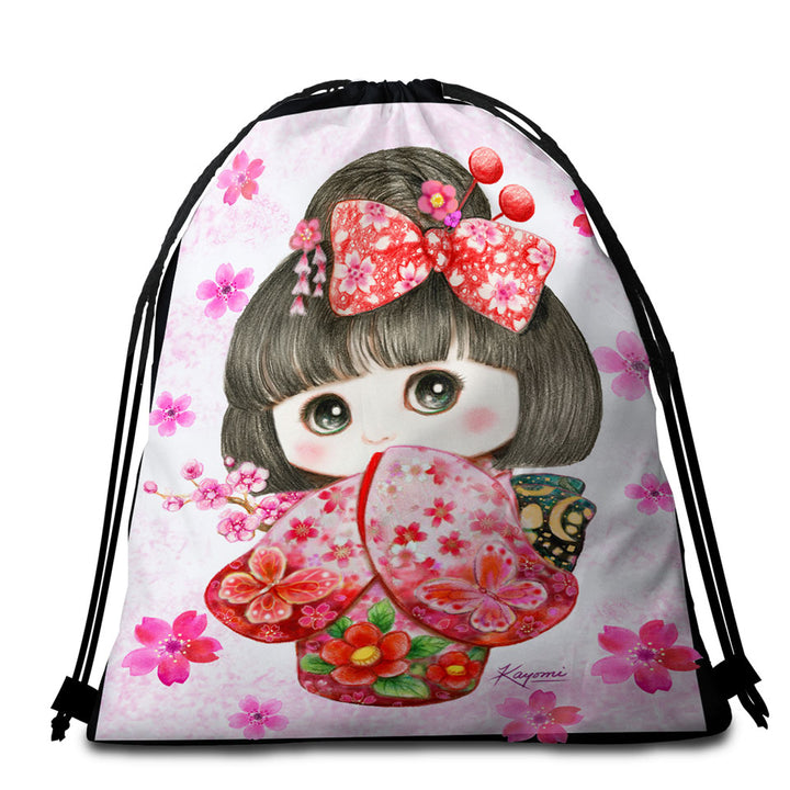 Cute Japanese Kimono Cherry Flowers Girl Packable Beach Towel