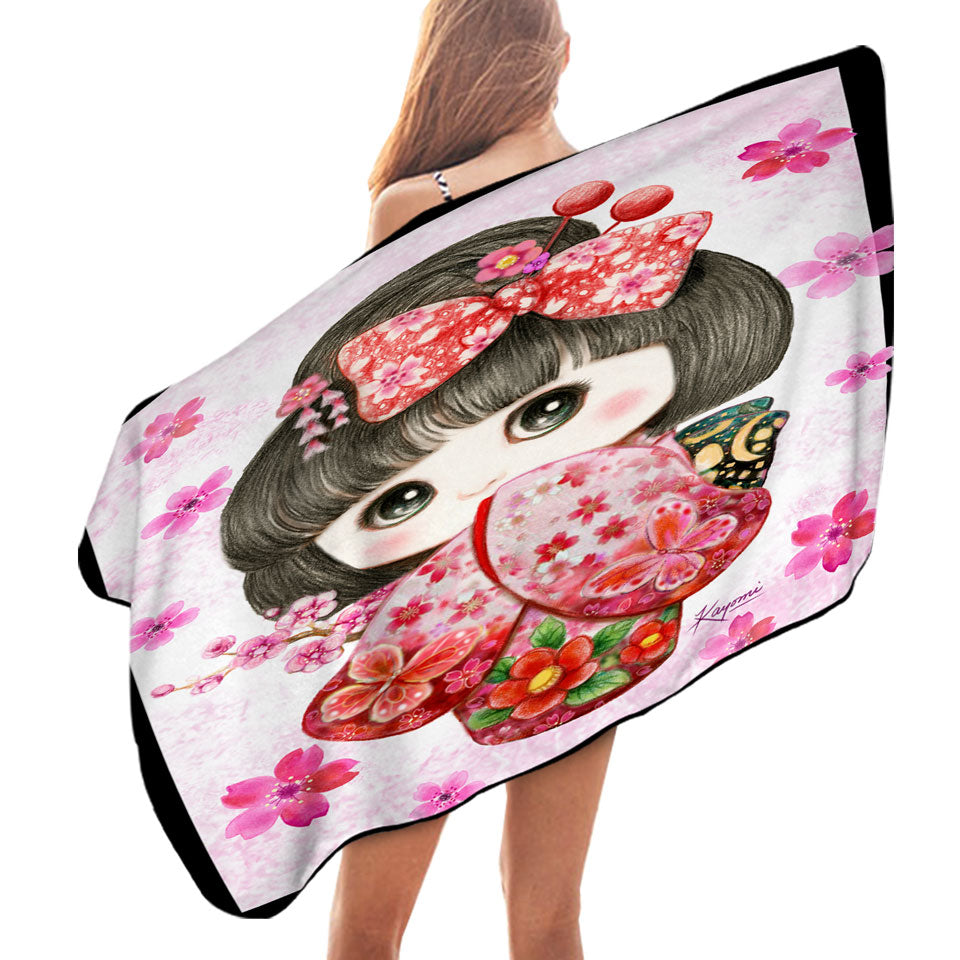 Cute Japanese Kimono Cherry Flowers Girl Pool Towels