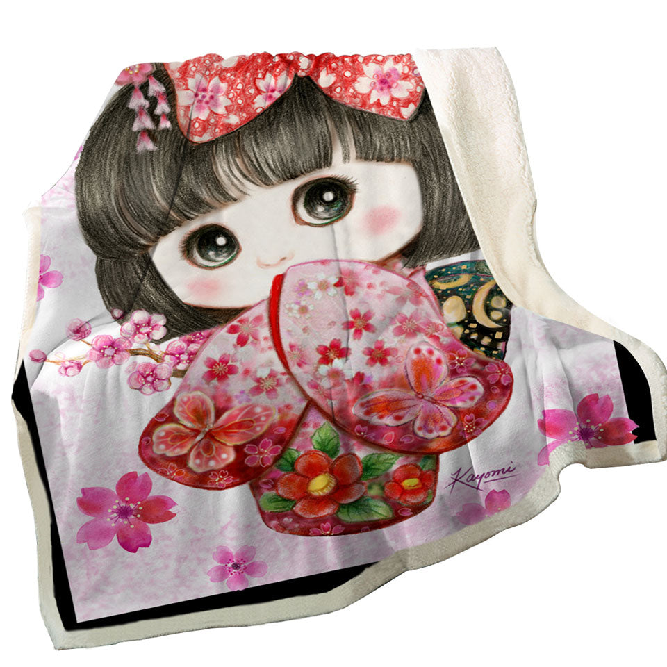 Cute Japanese Kimono Cherry Flowers Girl Throw Blanket