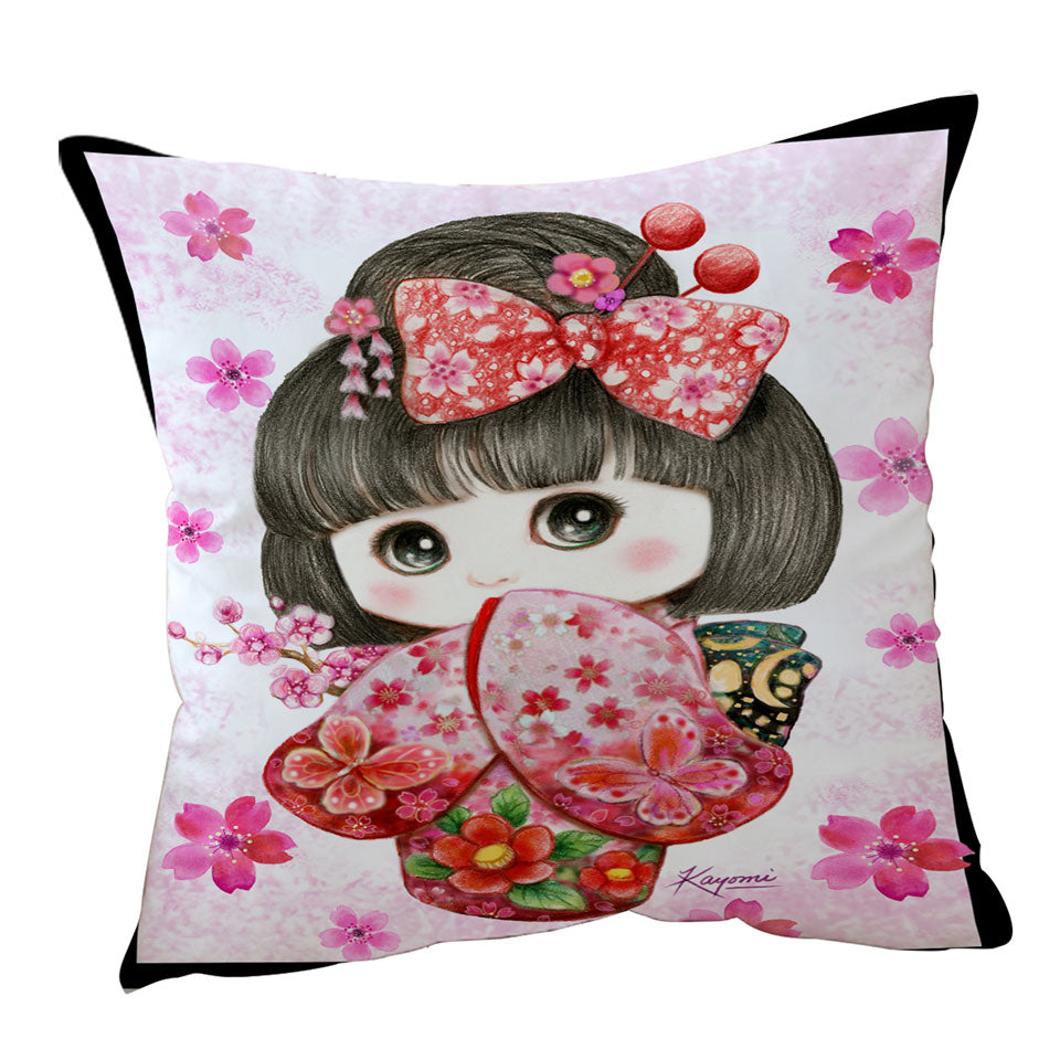 Cute Japanese Kimono Cherry Flowers Girl Throw Pillow