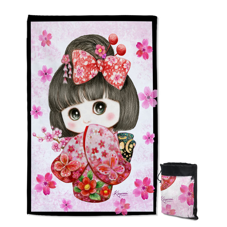 Cute Japanese Kimono Cherry Flowers Girl Travel Beach Towel