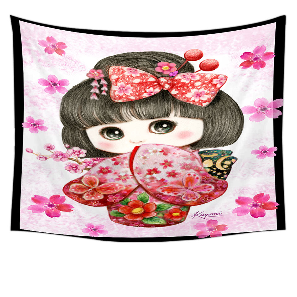 Cute Japanese Kimono Cherry Flowers Girl Wall Decor and Tapestry