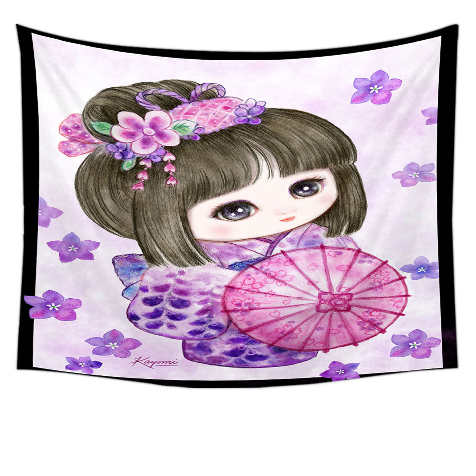 Cute Japanese Wall Decor Girl Wearing Purple Kimono Tapestry