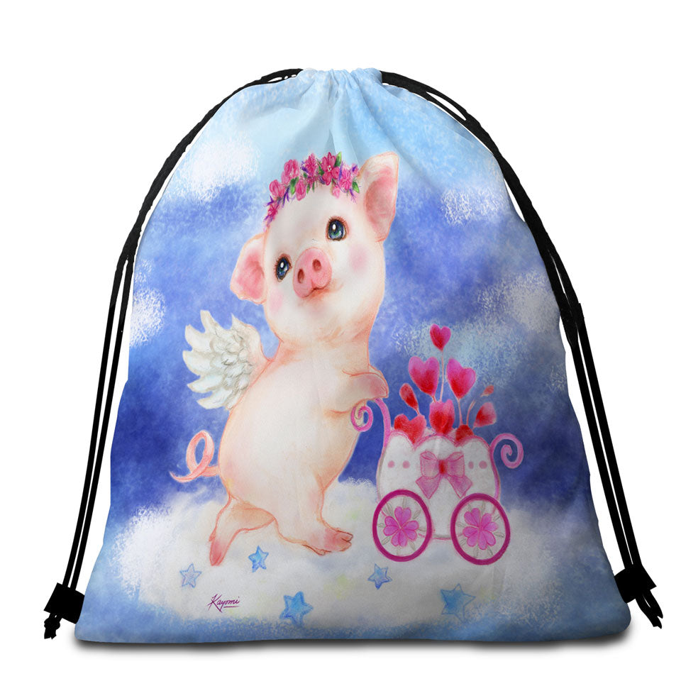 Cute Kids Beach Towels and Bags Set Design Heart Angel Pig with Flowers