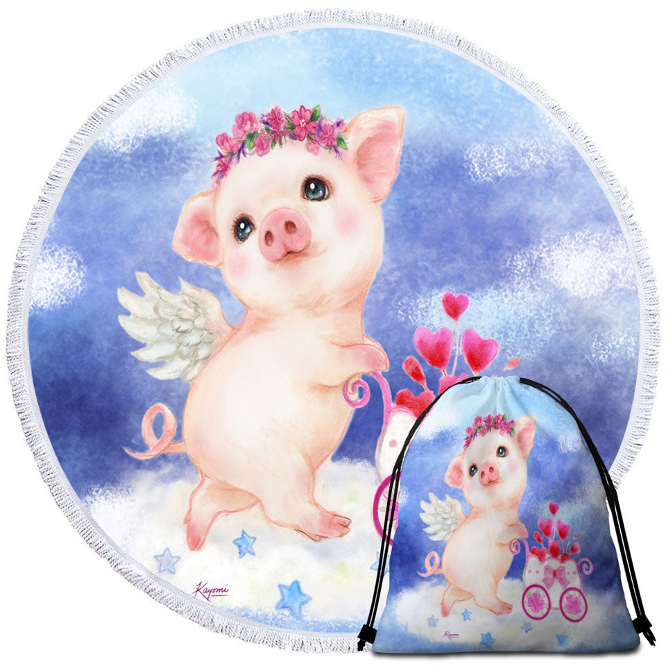Cute Kids Best Beach Towels Design Heart Angel Pig with Flowers