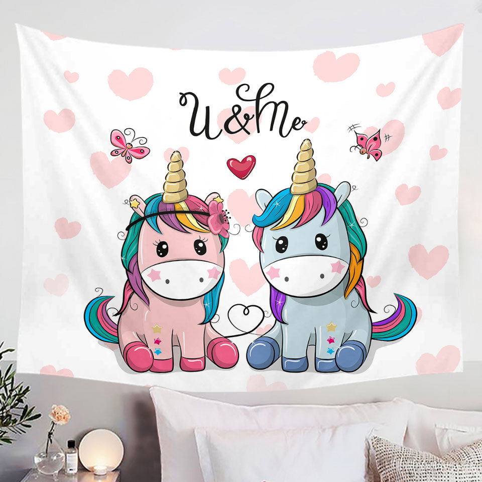 Cute Kids Children Wall Decor Fabric Tapestry In Love U and Me Unicorns