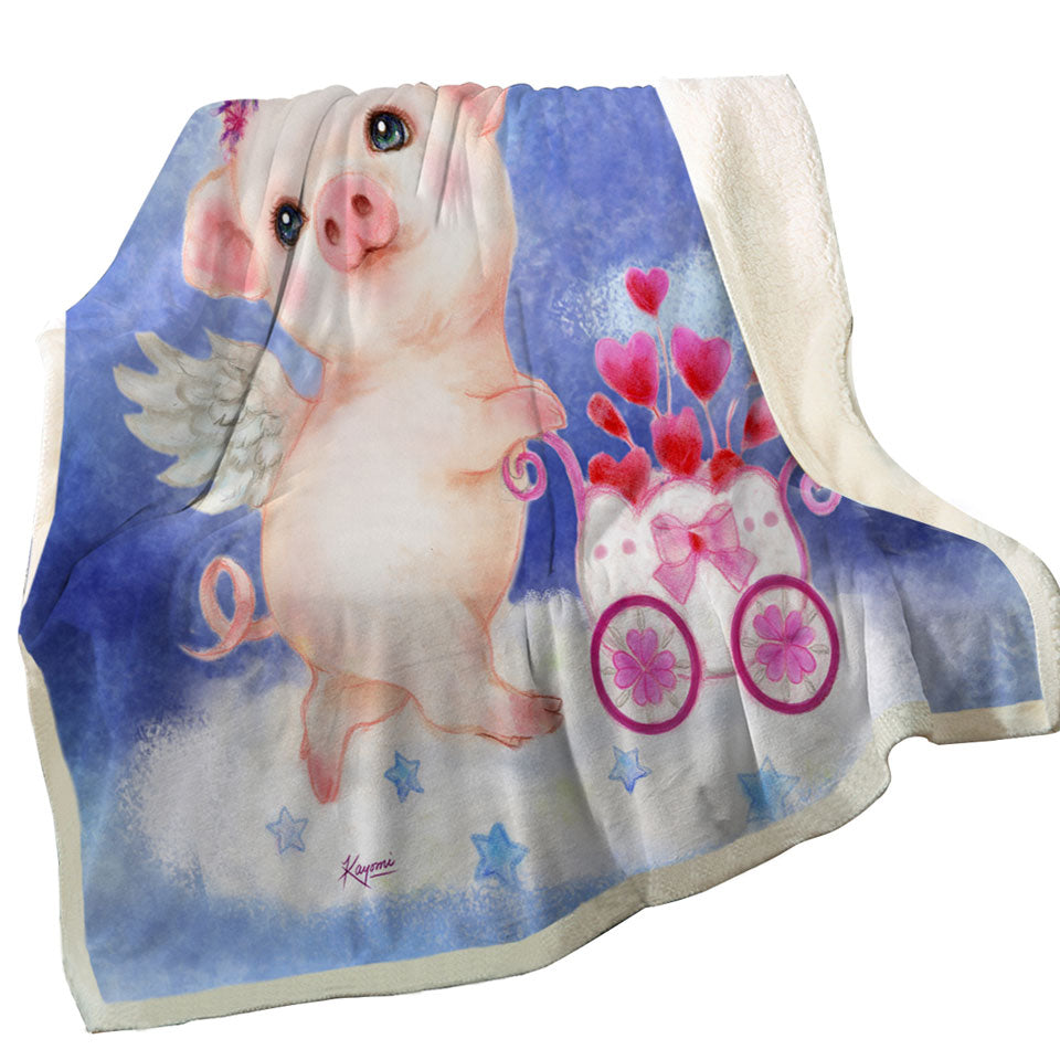 Cute Kids Decorative Throws Design Heart Angel Pig with Flowers