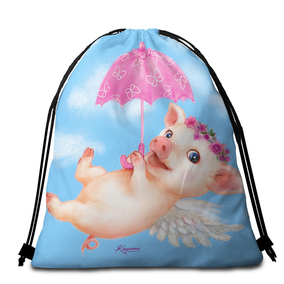Cute Kids Design Pink Umbrella Angel Pig Beach Bags and Towels