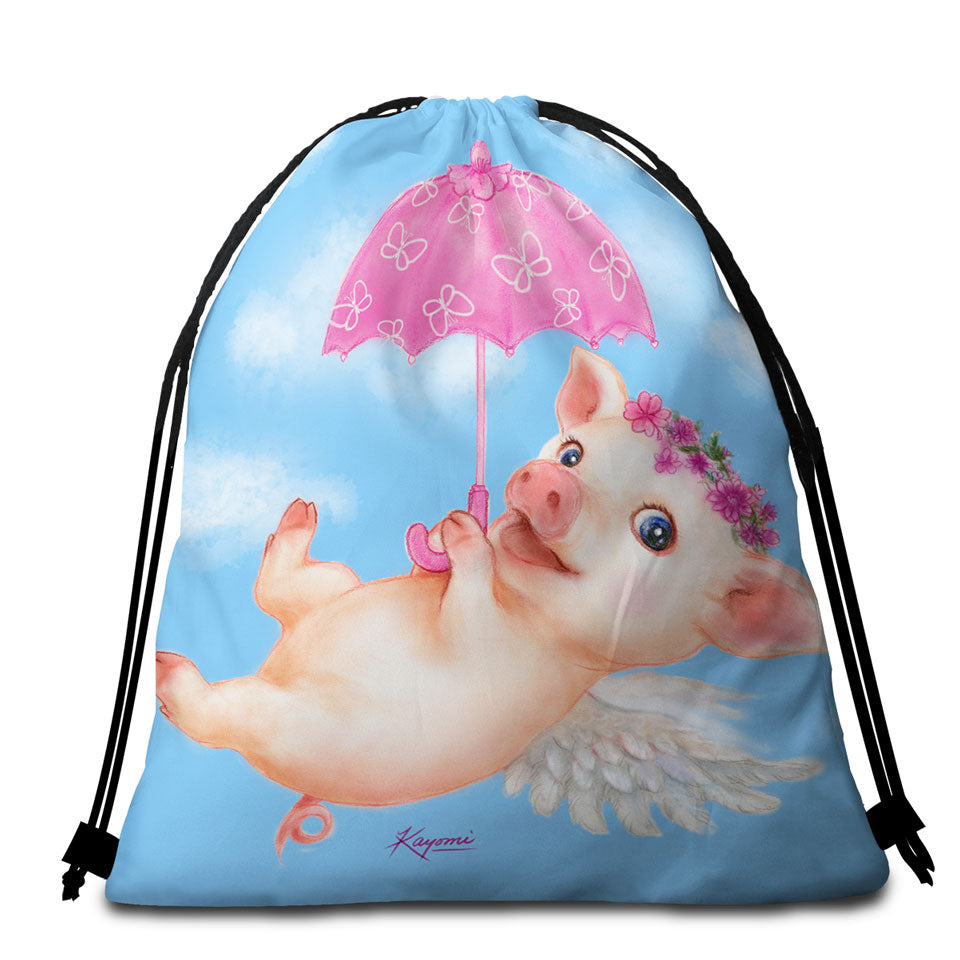 Cute Kids Design Pink Umbrella Angel Pig Beach Bags and Towels