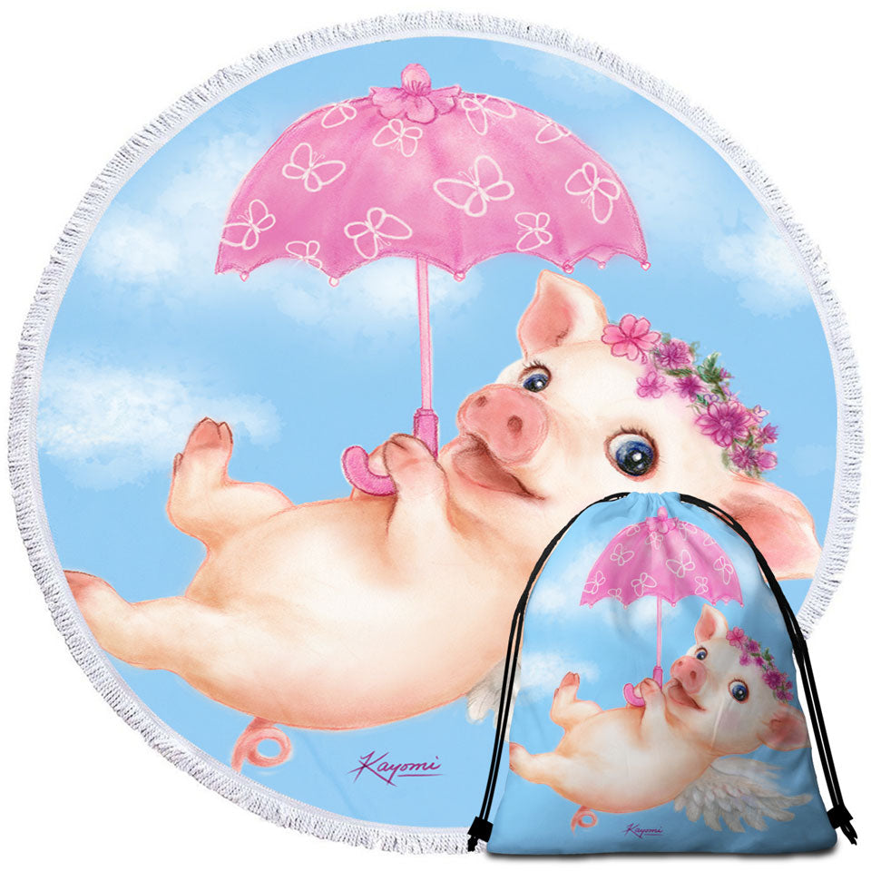 Cute Kids Design Pink Umbrella Angel Pig Beach Towels