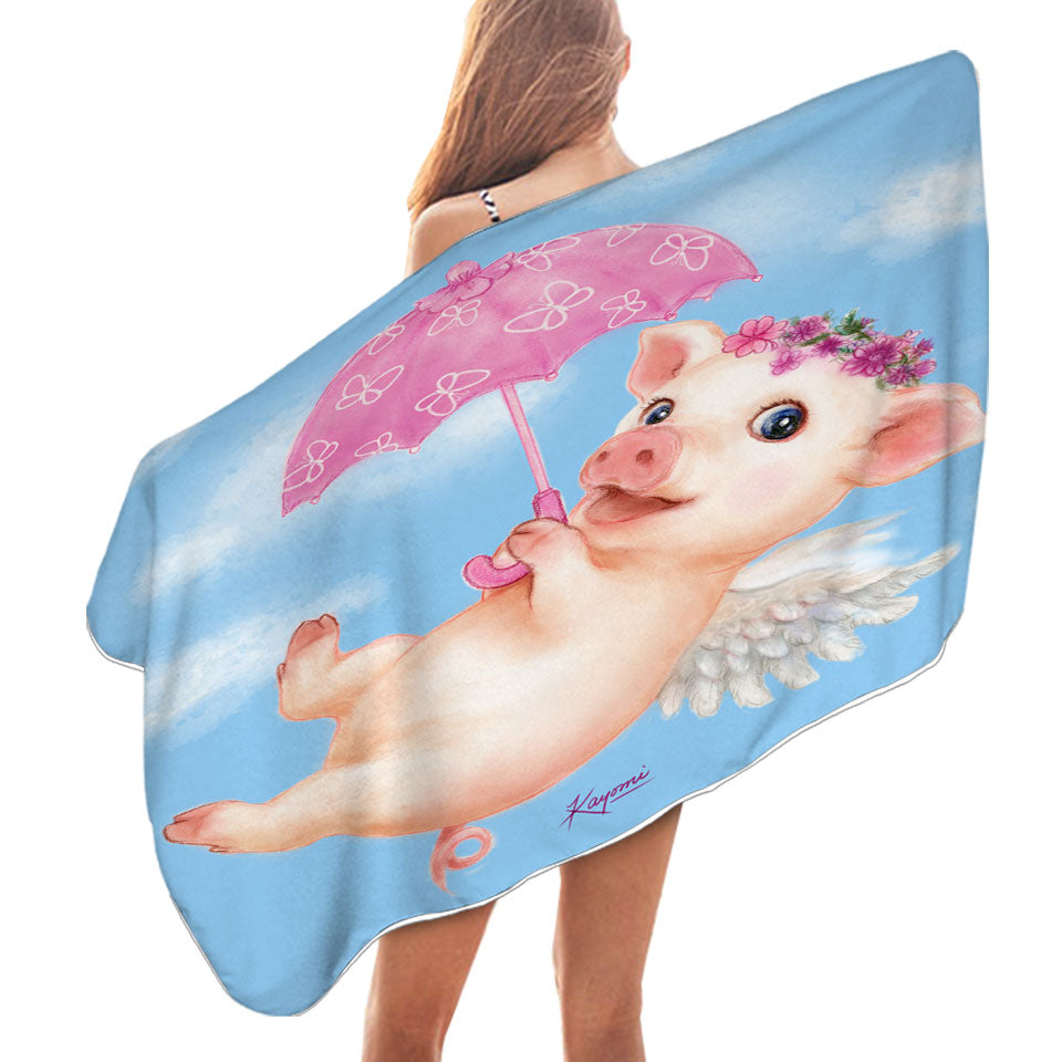 Cute Kids Design Pink Umbrella Angel Pig Microfiber Beach Towel