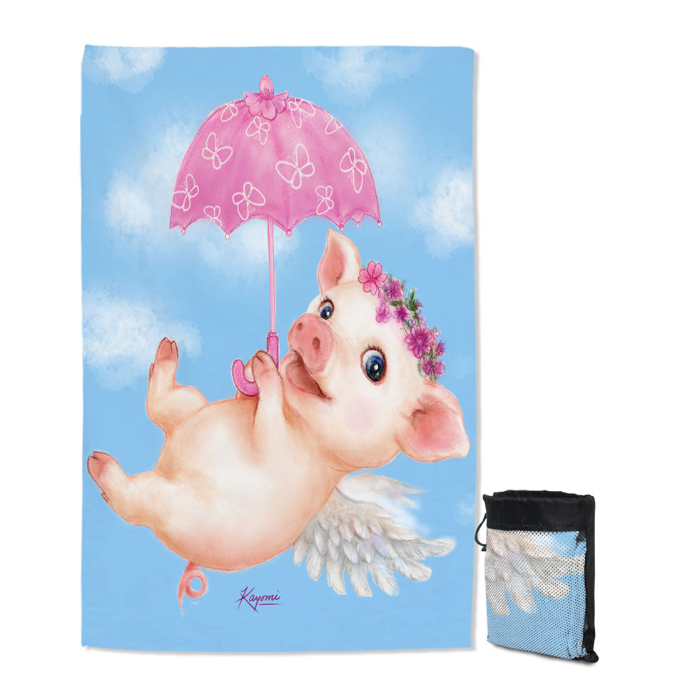 Cute Kids Design Pink Umbrella Angel Pig Microfiber Towels For Travel