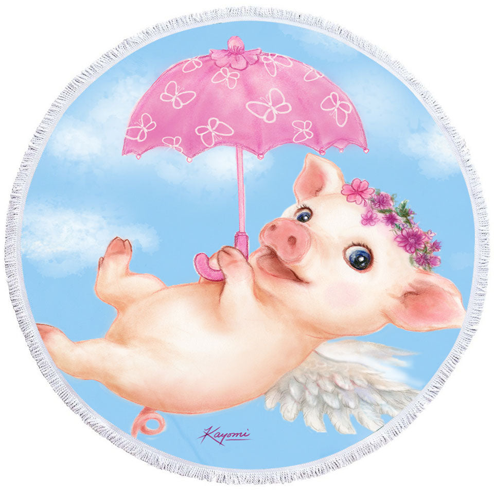 Cute Kids Design Pink Umbrella Angel Pig Round Beach Towel