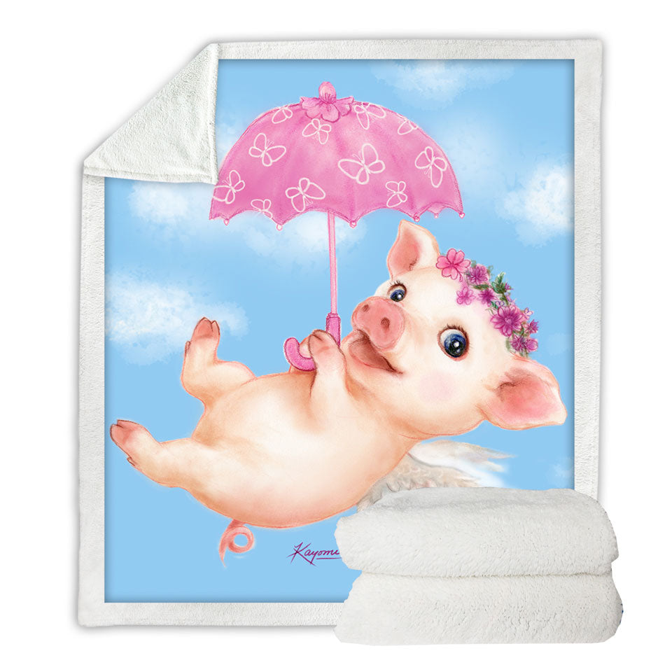 Cute Kids Design Pink Umbrella Angel Pig Sherpa Blanket