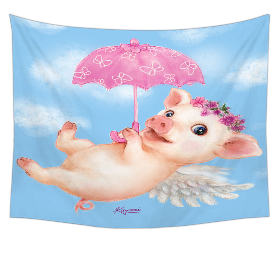 Cute Kids Design Pink Umbrella Angel Pig Tapestry