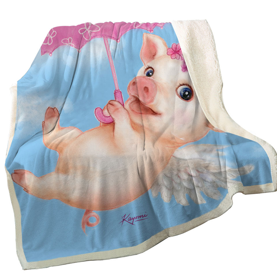 Cute Kids Design Pink Umbrella Angel Pig Throw Blanket