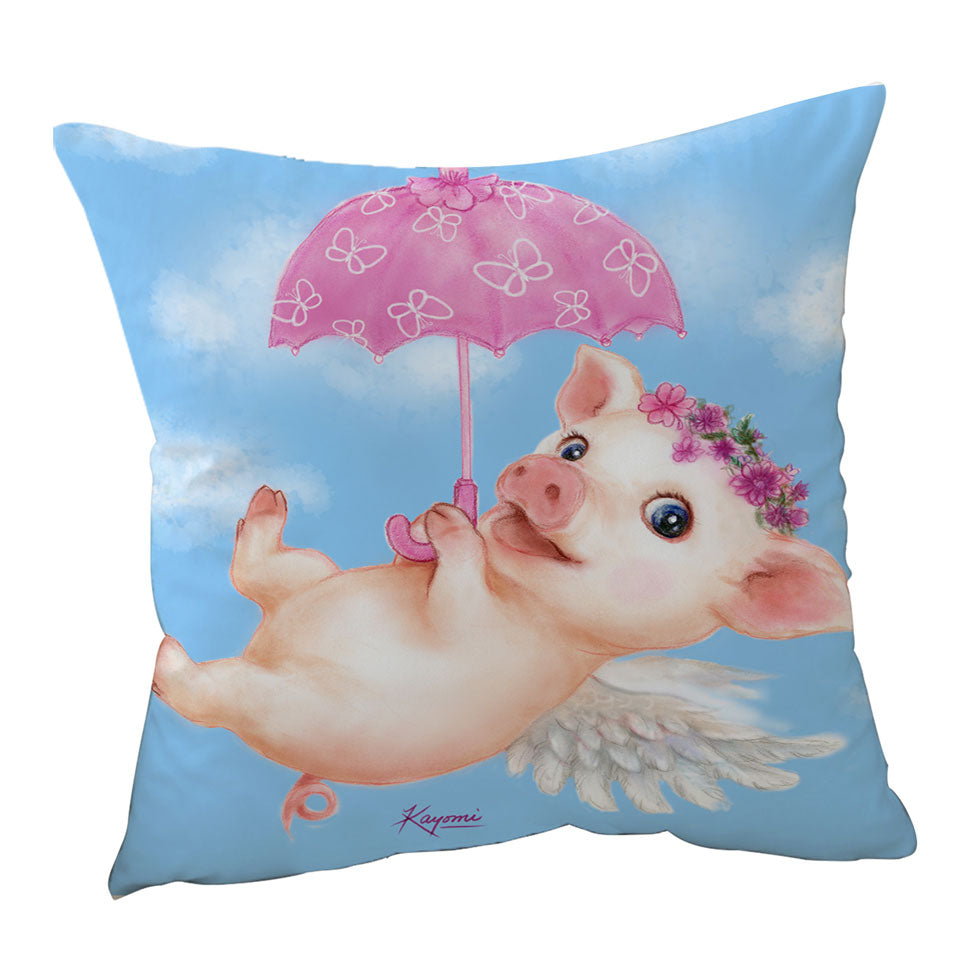 Cute Kids Design Pink Umbrella Angel Pig Throw Pillow