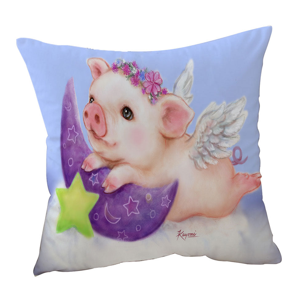 Cute Kids Design Purple Moon Angel Pig Cushion Cover