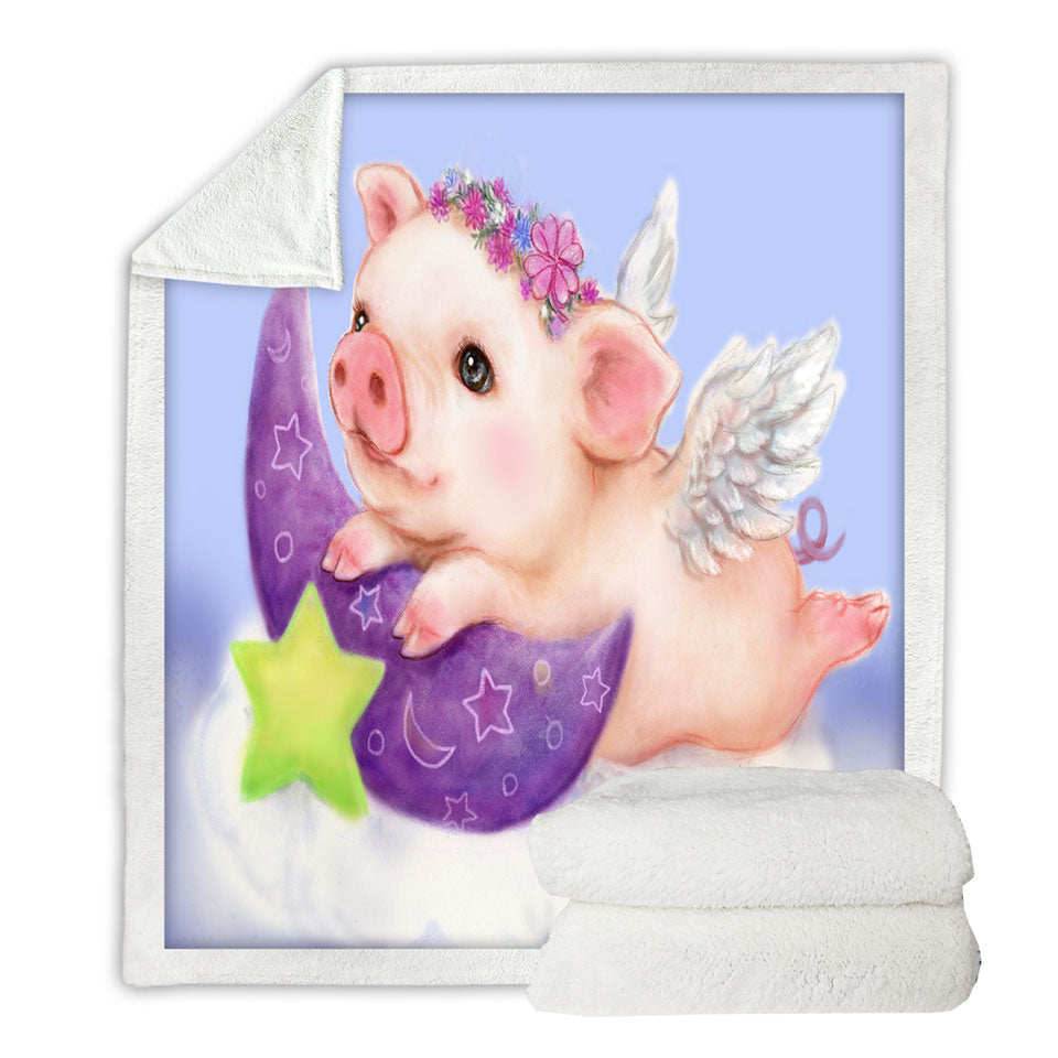 Cute Kids Design Purple Moon Angel Pig Kids Sherpa Blankets