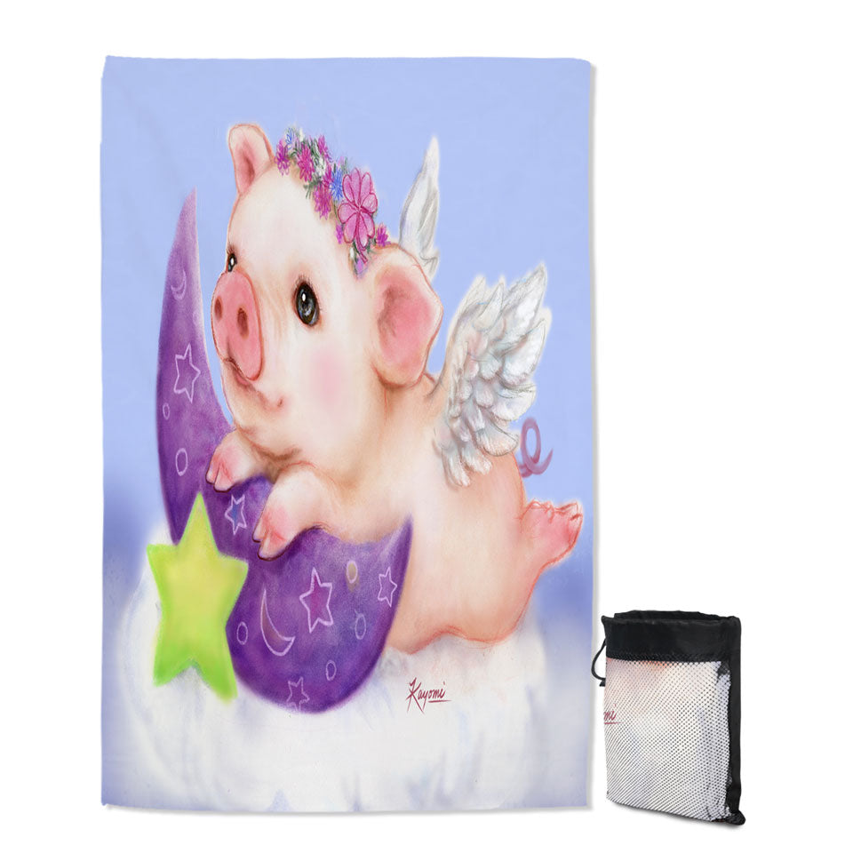 Cute Kids Design Purple Moon Angel Pig Quick Dry Beach Towel