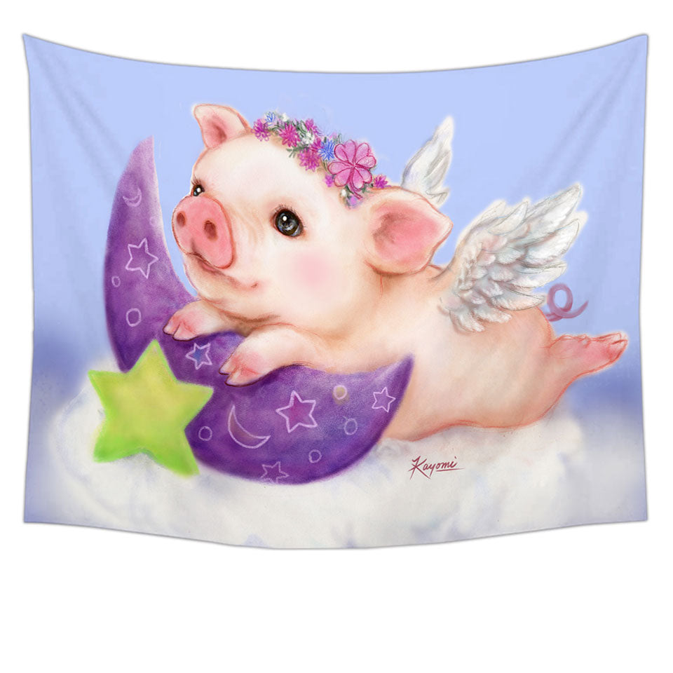 Cute Kids Design Purple Moon Angel Pig Tapestry Wall Decor
