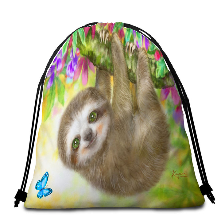 Cute Kids Design Sloth Beach Towel Bags Baby Hanging from Branch