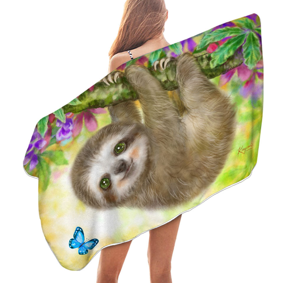 Cute Kids Design Sloth Beach Towels Baby Hanging from Branch