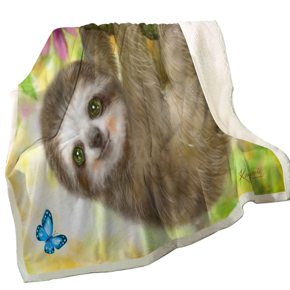 Cute Kids Design Sloth Fleece Blankets Baby Hanging from Branch
