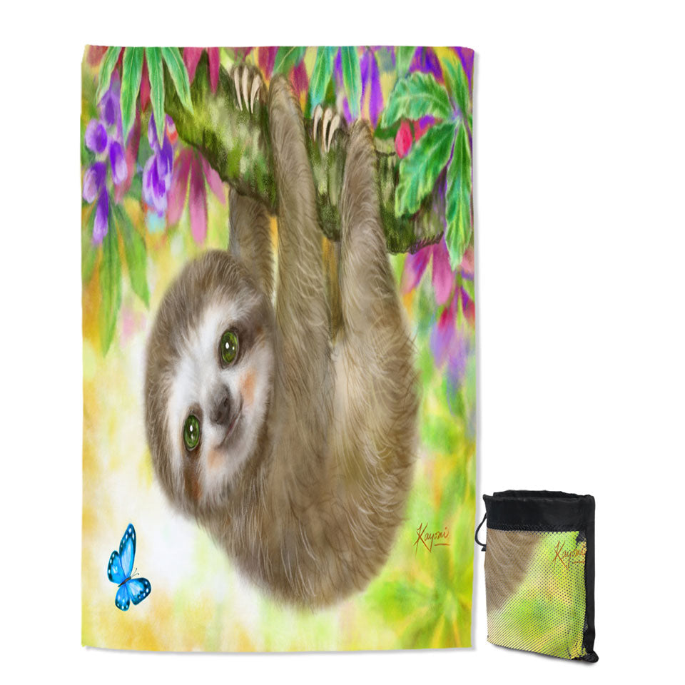 Cute Kids Design Sloth Quick Dry Beach Towel Baby Hanging from Branch