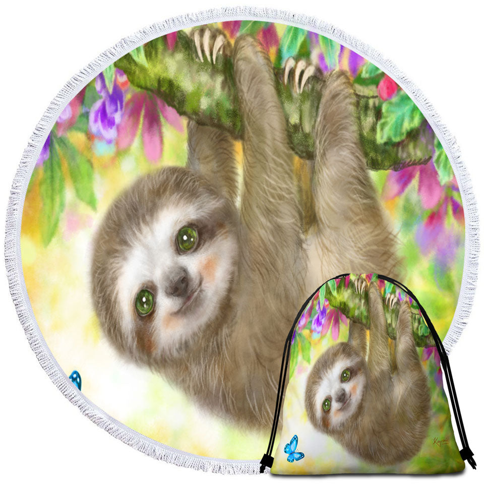 Cute Kids Design Sloth Round Beach Towel Baby Hanging from Branch