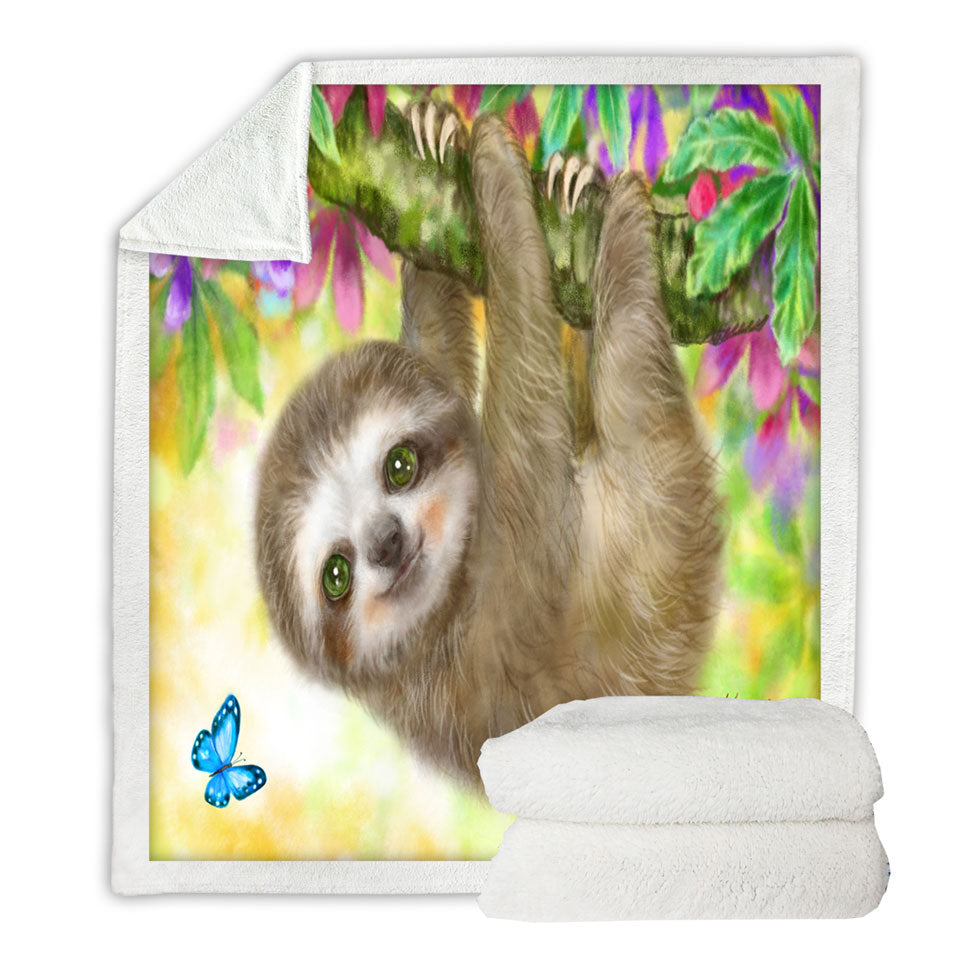 Cute Kids Design Sloth Sherpa Blanket Baby Hanging from Branch
