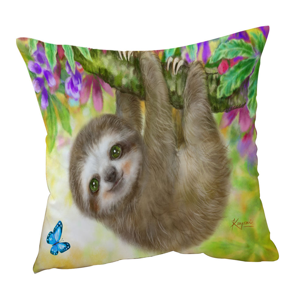Cute Kids Design Sloth Throw Pillow Baby Hanging from Branch