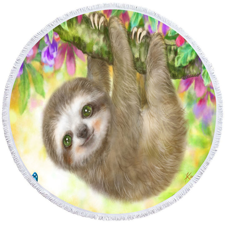 Cute Kids Design Sloth Unusual Beach Towels Baby Hanging from Branch