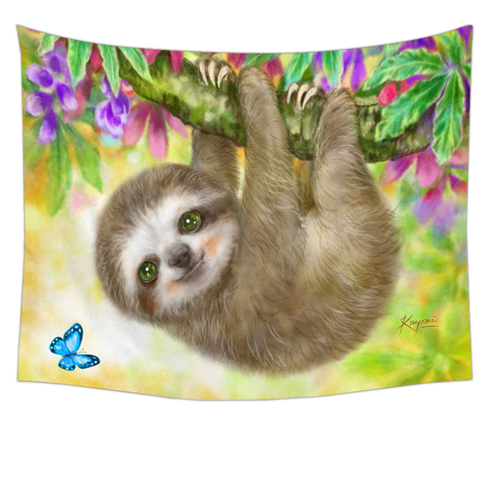 Cute Kids Design Sloth Wall Decor Tapestry Baby Hanging from Branch