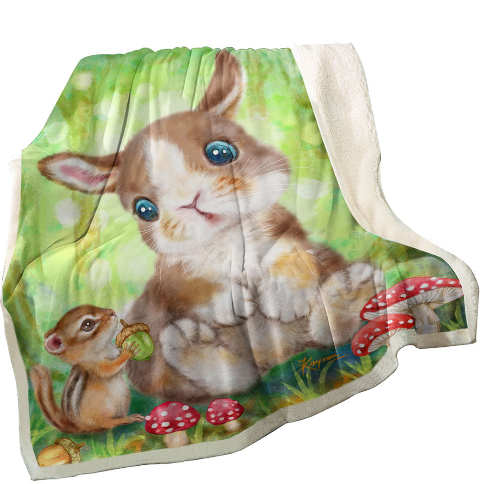 Cute Kids Drawings Mushrooms Bunny and Chipmunk Throw Blanket