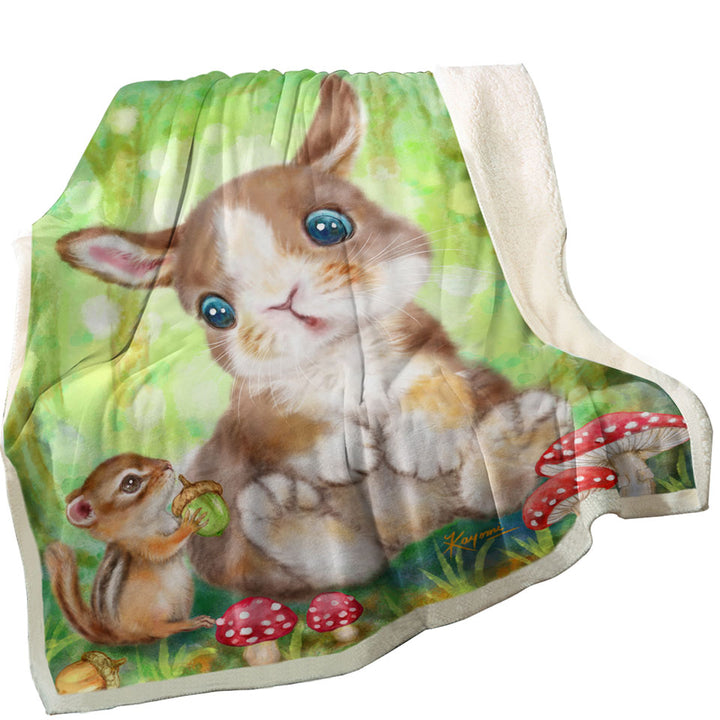 Cute Kids Drawings Mushrooms Bunny and Chipmunk Throw Blanket