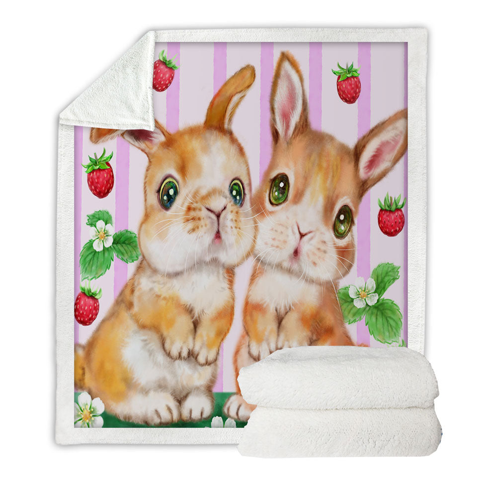Cute Kids Fleece Blankets Art Designs Bunnies and Strawberries