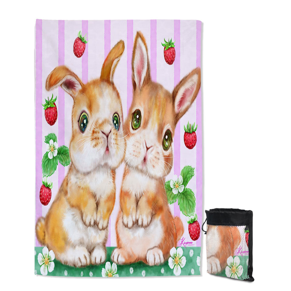Cute Kids Lightweight Beach Towel Art Designs Bunnies and Strawberries