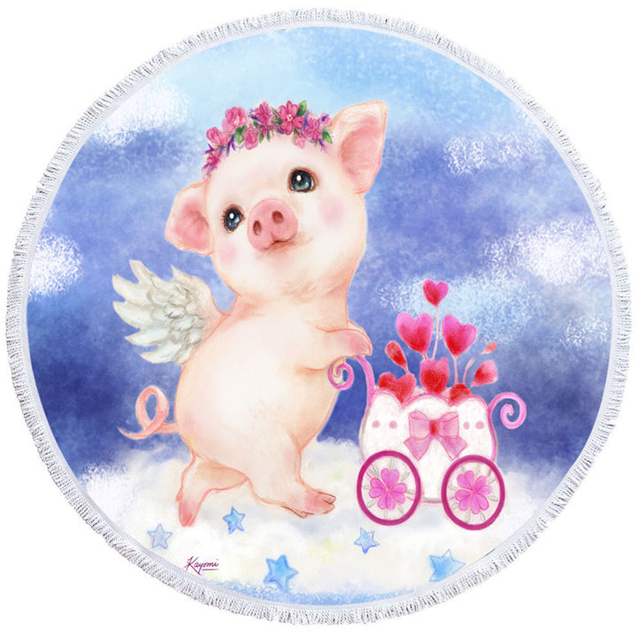 Cute Kids Lightweight Beach Towel Design Heart Angel Pig with Flowers