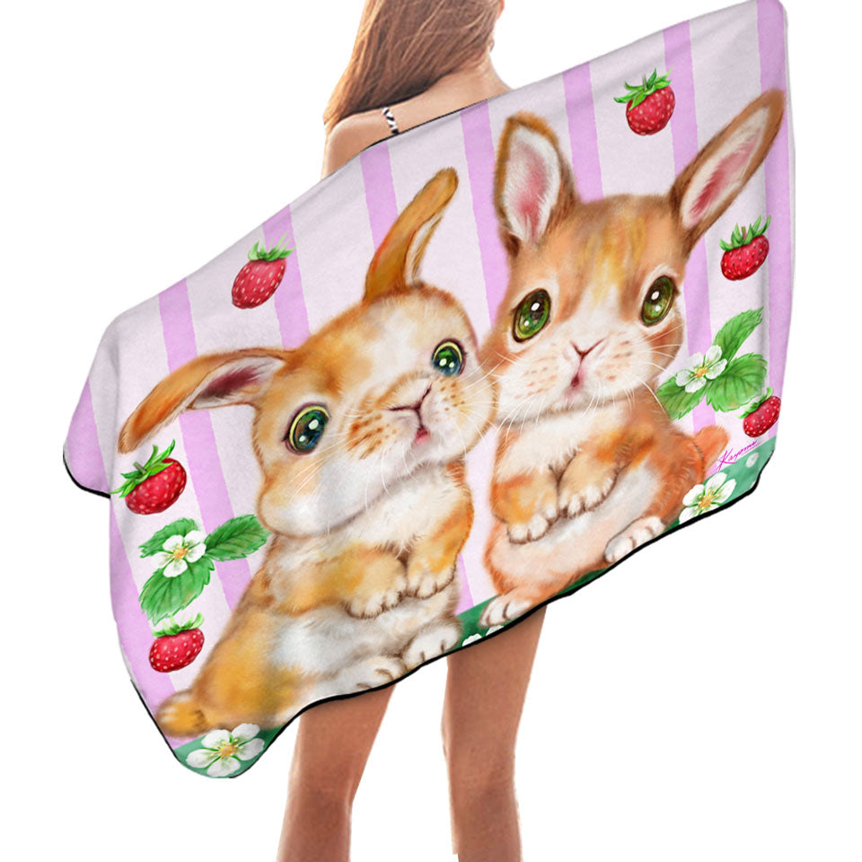 Cute Kids Pool Towels Art Designs Bunnies and Strawberries