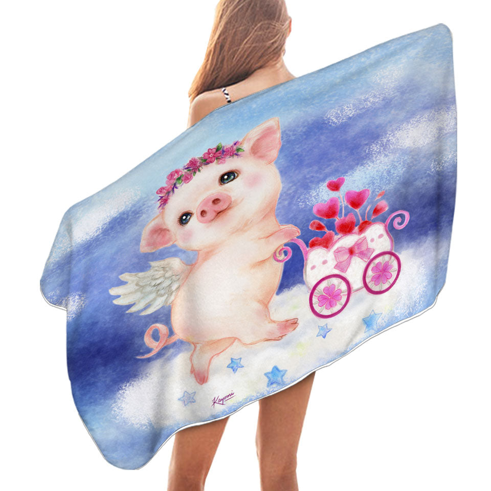 Cute Kids Pool Towels Design Heart Angel Pig with Flowers Beach Towel