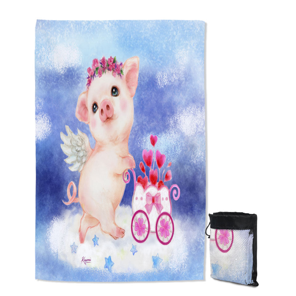 Cute Kids Quick Dry Beach Towel Design Heart Angel Pig with Flowers