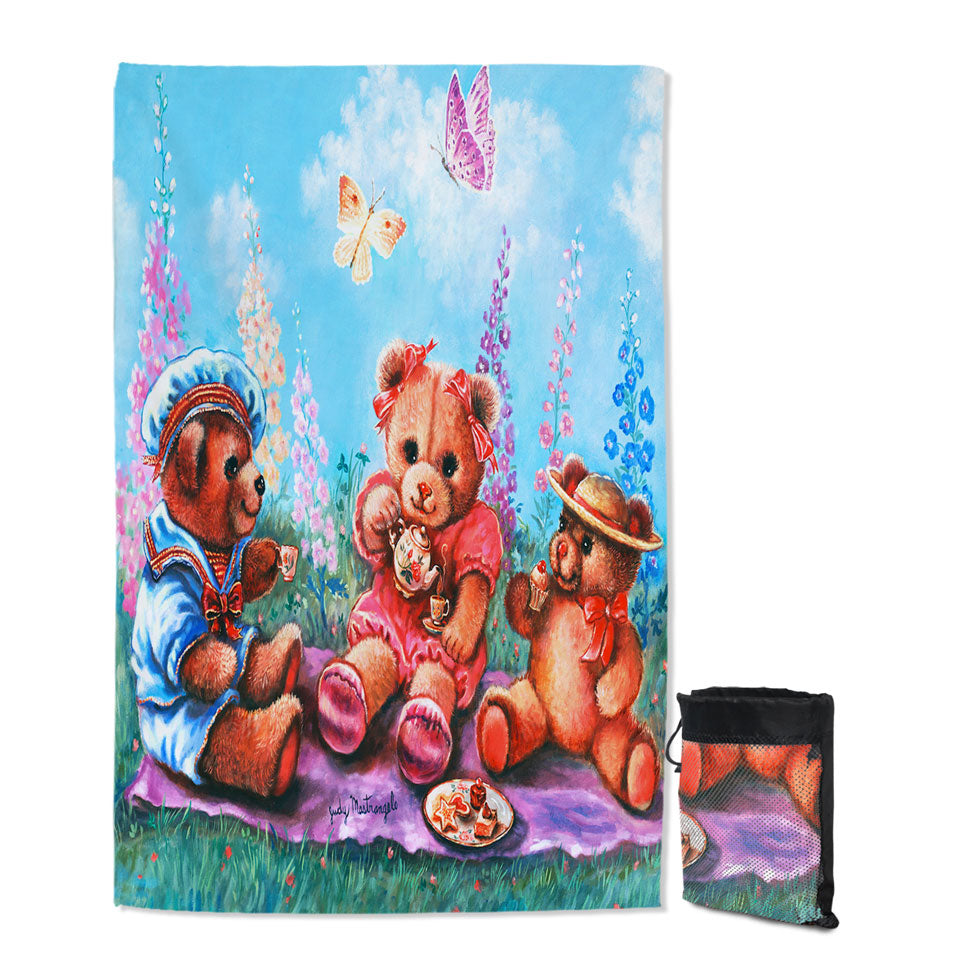 Cute Kids Quick Dry Beach Towel Vintage Art Painting the Teddy Bear Picnic