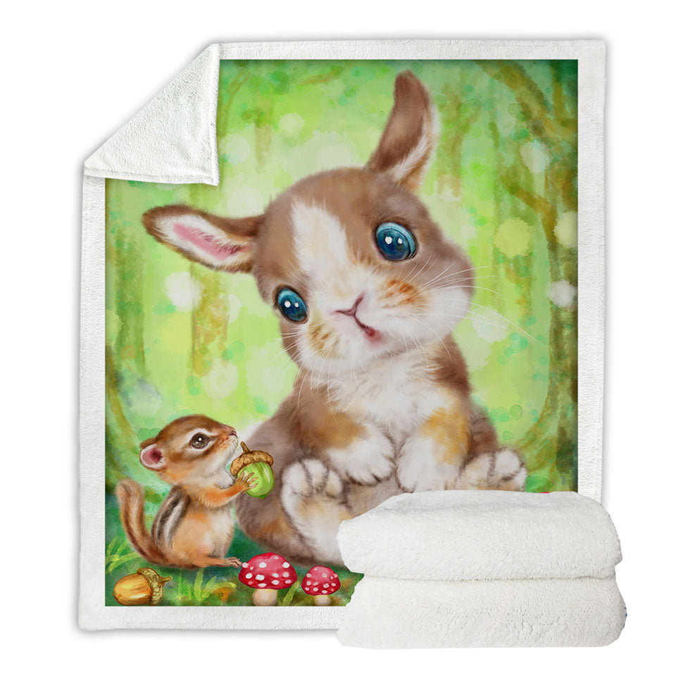 Cute Kids Sherpa Blanket Drawings Mushrooms Bunny and Chipmunk