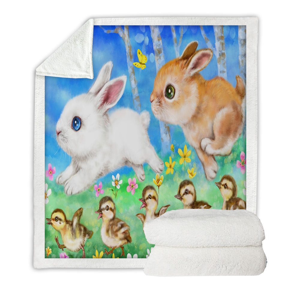Cute Kids Sherpa Blankets Art Designs Ducklings and Bunnies