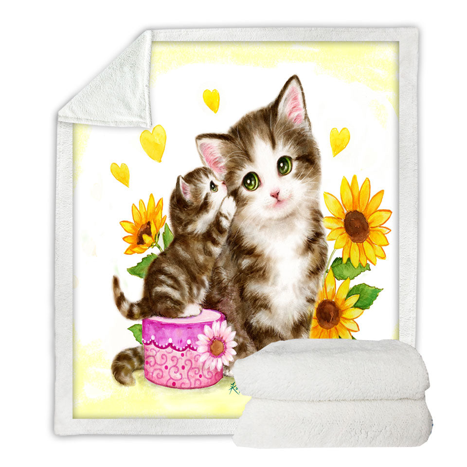 Cute Kids Sherpa Blankets Sunflower Cats Mother and Daughter