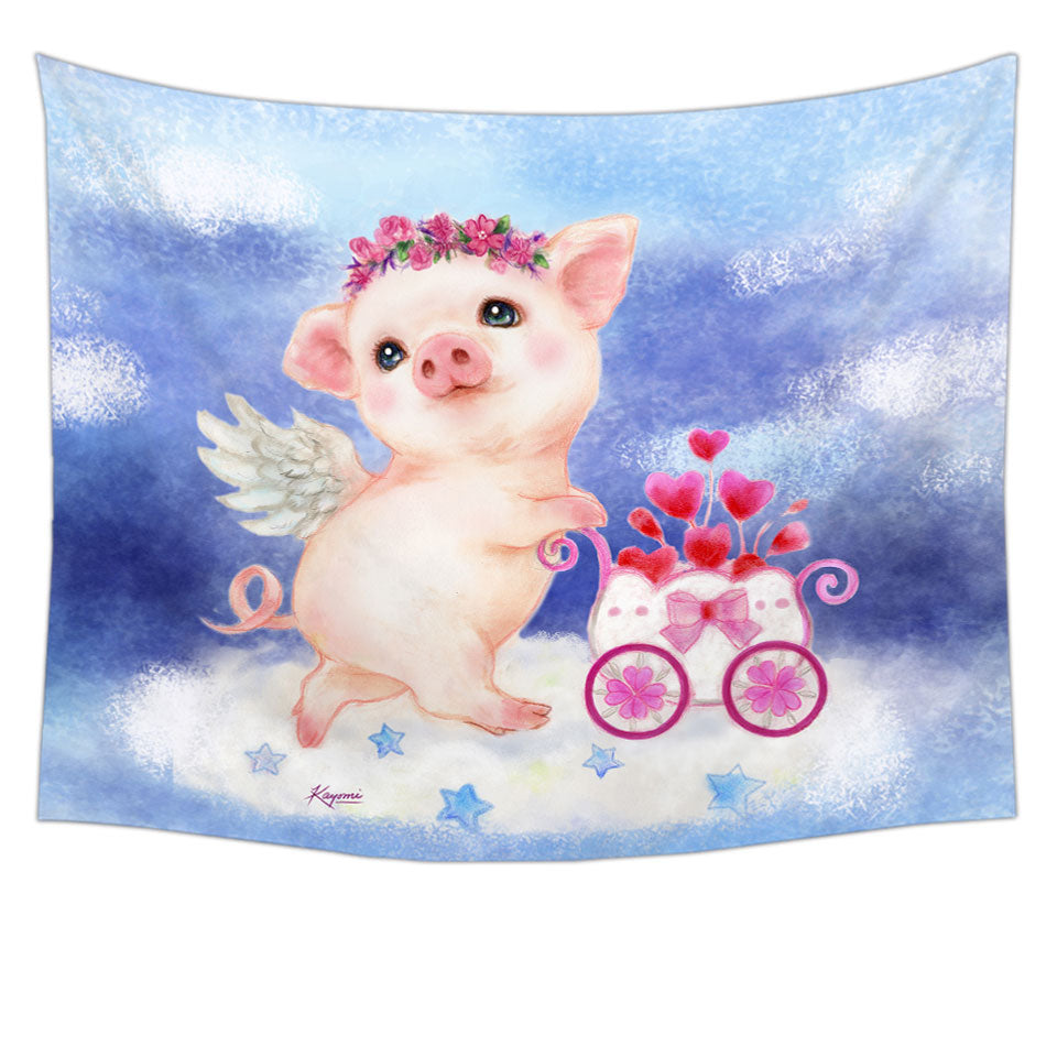 Cute Kids Tapestry Wall Decor Design Heart Angel Pig with Flowers