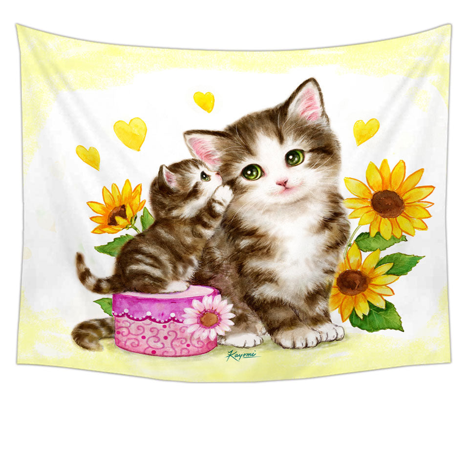 Cute Kids Tapestry Wall Decor Sunflower Cats Mother and Daughter