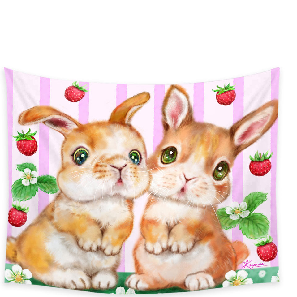 Cute Kids Tapestry Wall Hanging Art Designs Bunnies and Strawberries